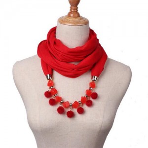 Fluffy Balls Design High Fashion Scarf Necklace - Red