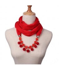 Fluffy Balls Design High Fashion Scarf Necklace - Red