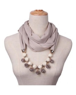 Fluffy Balls Design High Fashion Scarf Necklace - Khaki