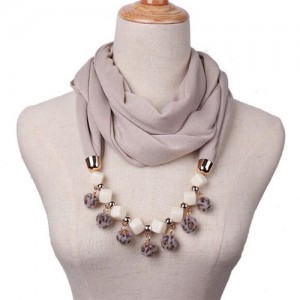 Fluffy Balls Design High Fashion Scarf Necklace - Khaki