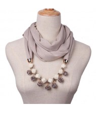 Fluffy Balls Design High Fashion Scarf Necklace - Khaki
