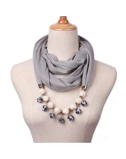 Fluffy Balls Design High Fashion Scarf Necklace - Gray