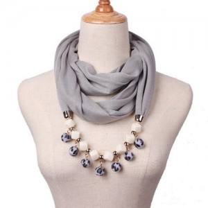 Fluffy Balls Design High Fashion Scarf Necklace - Gray