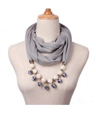 Fluffy Balls Design High Fashion Scarf Necklace - Gray