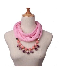 Fluffy Balls Design High Fashion Scarf Necklace - Pink