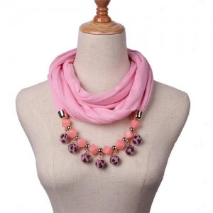Fluffy Balls Design High Fashion Scarf Necklace - Pink