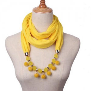 Fluffy Balls Design High Fashion Scarf Necklace - Yellow
