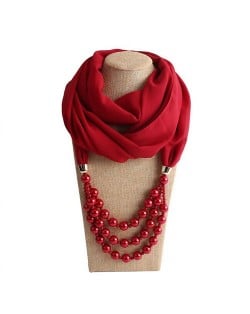 Triple Layers Beads Fashion Women Scarf Necklace - Red