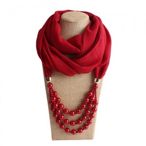 Triple Layers Beads Fashion Women Scarf Necklace - Red