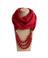 Triple Layers Beads Fashion Women Scarf Necklace - Red