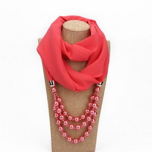 Triple Layers Beads Fashion Women Scarf Necklace - Watermelon Red