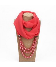 Triple Layers Beads Fashion Women Scarf Necklace - Watermelon Red