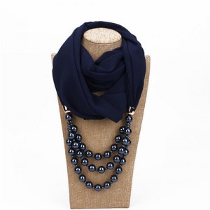 Triple Layers Beads Fashion Women Scarf Necklace - Ink Blue