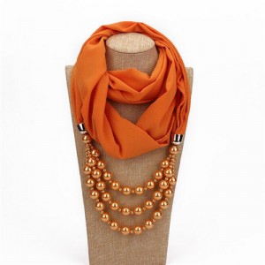 Triple Layers Beads Fashion Women Scarf Necklace - Orange