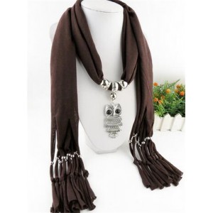 Night-owl Pendant Classic Style Scarf Necklace - Coffee