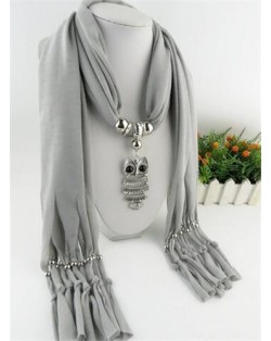 Night-owl Pendant Classic Style Scarf Necklace - Light Gray