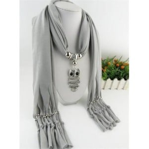 Night-owl Pendant Classic Style Scarf Necklace - Light Gray