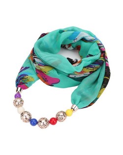 Hollow Beads Embellished Floral and Leaves Prints High Fashion Scarf Necklace - Green Colorful