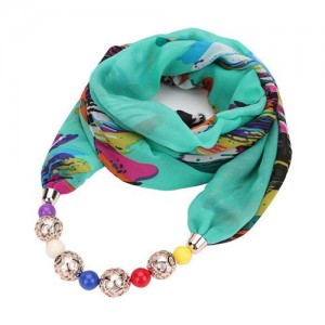 Hollow Beads Embellished Floral and Leaves Prints High Fashion Scarf Necklace - Green Colorful