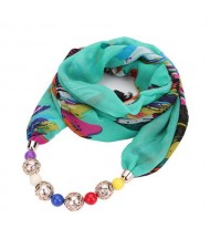 Hollow Beads Embellished Floral and Leaves Prints High Fashion Scarf Necklace - Green Colorful