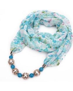 Hollow Beads Embellished Floral and Leaves Prints High Fashion Scarf Necklace - Sky Blue