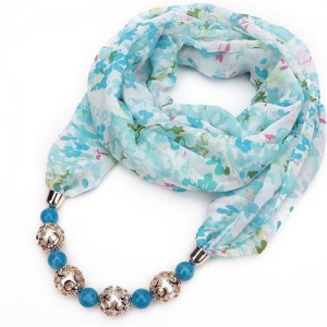 Hollow Beads Embellished Floral and Leaves Prints High Fashion Scarf Necklace - Sky Blue