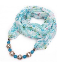 Hollow Beads Embellished Floral and Leaves Prints High Fashion Scarf Necklace - Sky Blue
