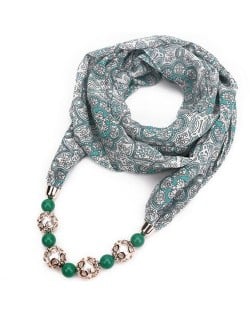 Hollow Beads Embellished Floral and Leaves Prints High Fashion Scarf Necklace - Green
