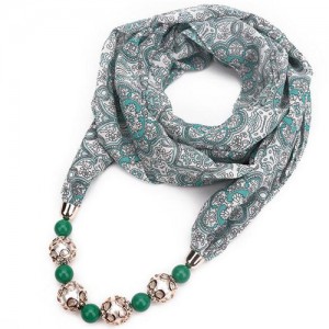 Hollow Beads Embellished Floral and Leaves Prints High Fashion Scarf Necklace - Green