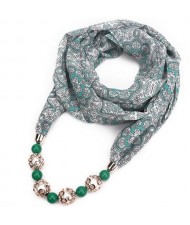 Hollow Beads Embellished Floral and Leaves Prints High Fashion Scarf Necklace - Green