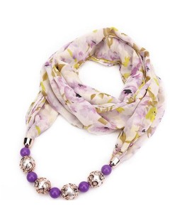 Hollow Beads Embellished Floral and Leaves Prints High Fashion Scarf Necklace - Purple