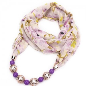 Hollow Beads Embellished Floral and Leaves Prints High Fashion Scarf Necklace - Purple