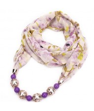 Hollow Beads Embellished Floral and Leaves Prints High Fashion Scarf Necklace - Purple