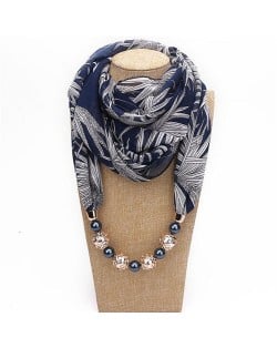 Hollow Beads Embellished Floral and Leaves Prints High Fashion Scarf Necklace - Ink Blue