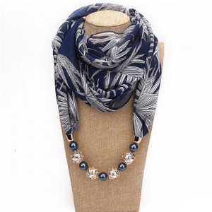 Hollow Beads Embellished Floral and Leaves Prints High Fashion Scarf Necklace - Ink Blue