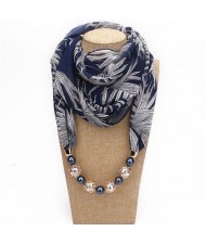 Hollow Beads Embellished Floral and Leaves Prints High Fashion Scarf Necklace - Ink Blue