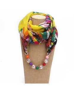 Hollow Beads Embellished Floral and Leaves Prints High Fashion Scarf Necklace - Yellow Colorful