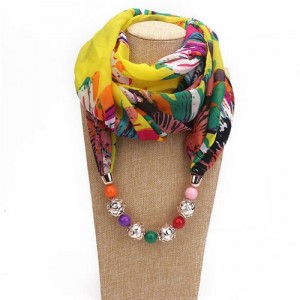 Hollow Beads Embellished Floral and Leaves Prints High Fashion Scarf Necklace - Yellow Colorful