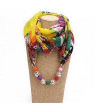 Hollow Beads Embellished Floral and Leaves Prints High Fashion Scarf Necklace - Yellow Colorful