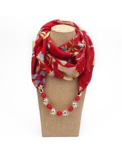 Hollow Beads Embellished Floral and Leaves Prints High Fashion Scarf Necklace - Red