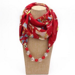 Hollow Beads Embellished Floral and Leaves Prints High Fashion Scarf Necklace - Red