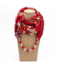 Hollow Beads Embellished Floral and Leaves Prints High Fashion Scarf Necklace - Red