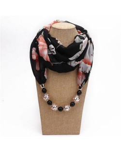 Hollow Beads Embellished Floral and Leaves Prints High Fashion Scarf Necklace - Black