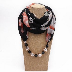 Hollow Beads Embellished Floral and Leaves Prints High Fashion Scarf Necklace - Black