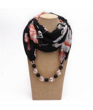 Hollow Beads Embellished Floral and Leaves Prints High Fashion Scarf Necklace - Black