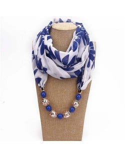 Hollow Beads Embellished Floral and Leaves Prints High Fashion Scarf Necklace - Royal Blue