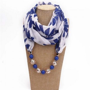 Hollow Beads Embellished Floral and Leaves Prints High Fashion Scarf Necklace - Royal Blue