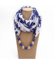 Hollow Beads Embellished Floral and Leaves Prints High Fashion Scarf Necklace - Royal Blue