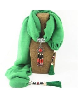 Hollow Flowers with Beads Tassel High Fashion Scarf Necklace - Green