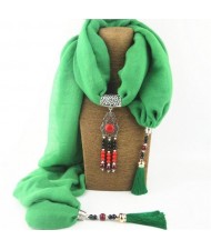 Hollow Flowers with Beads Tassel High Fashion Scarf Necklace - Green